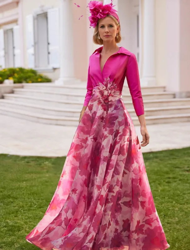 A-Line Mother of the Bride Dress Tuxedo Dress Beach Wedding Elegant Shirt Collar Floor Length Chiffon 3/4 Length Sleeve with Flower Race Day Dress Wedding Guest Dress