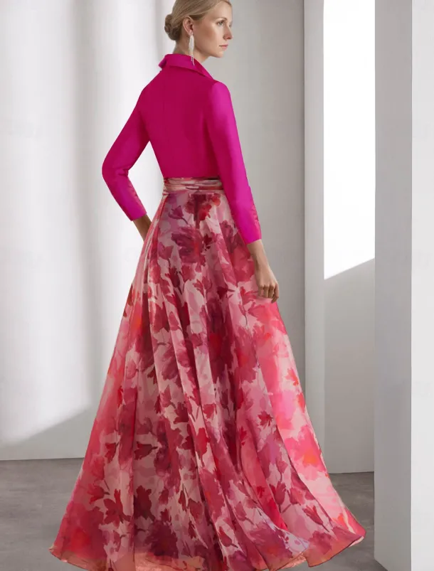 A-Line Mother of the Bride Dress Tuxedo Dress Beach Wedding Elegant Shirt Collar Floor Length Chiffon 3/4 Length Sleeve with Flower Race Day Dress Wedding Guest Dress