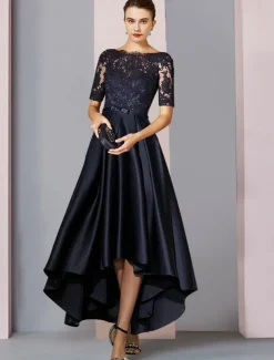 A-Line Mother of the Bride Dress Wedding Guest Elegant High Low Scoop Neck Asymmetrical Tea Length Satin Lace Short Sleeve with Bow(s) Pleats Appliques free custom size