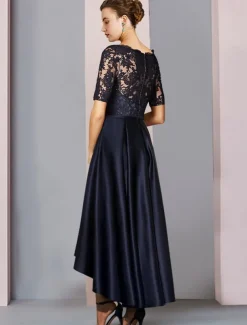 A-Line Mother of the Bride Dress Wedding Guest Elegant High Low Scoop Neck Asymmetrical Tea Length Satin Lace Short Sleeve with Bow(s) Pleats Appliques free custom size