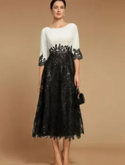 A-Line Mother of the Bride Dress Wedding Guest Elegant Vintage Jewel Neck Tea Length Lace Half Sleeve with Lace Color Block free custom size