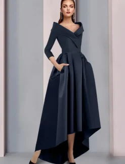 A-Line Mother of the Bride Dress Tuxedo Dress Wedding Guest Elegant High Low Sweet Spaghetti Strap Asymmetrical Tea Length Satin 3/4 Length Sleeve with Pleats free custom size