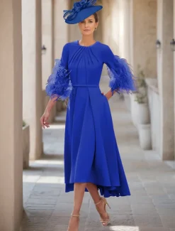 A-Line Mother of the Bride Dress Wedding Guest Elegant Jewel Neck Asymmetrical Stretch Fabric Half Sleeve with Feather free custom size