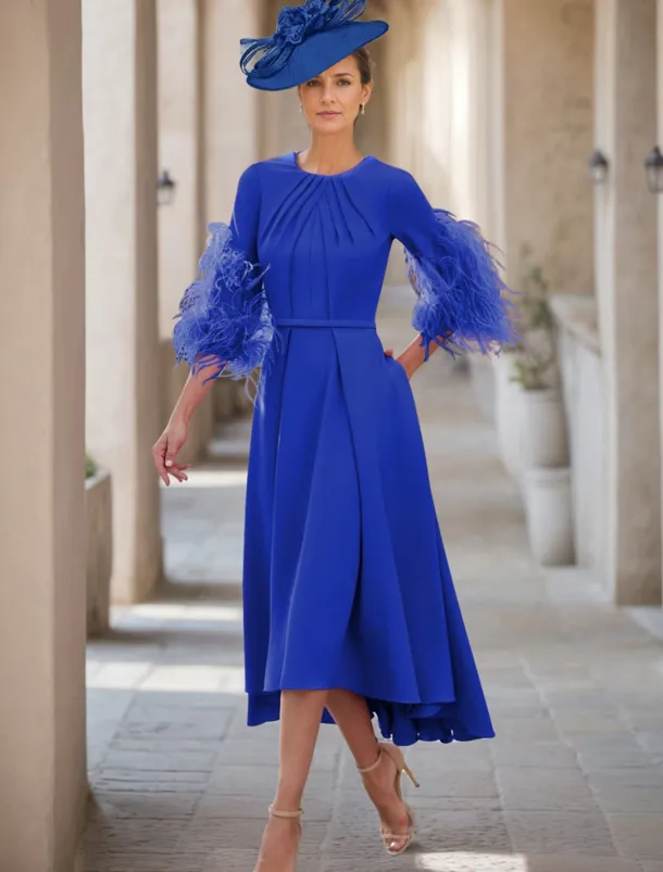 A-Line Mother of the Bride Dress Wedding Guest Elegant Jewel Neck Asymmetrical Stretch Fabric Half Sleeve with Feather free custom size