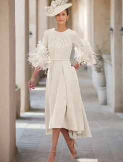 A-Line Mother of the Bride Dress Wedding Guest Elegant Jewel Neck Asymmetrical Stretch Fabric Half Sleeve with Feather free custom size
