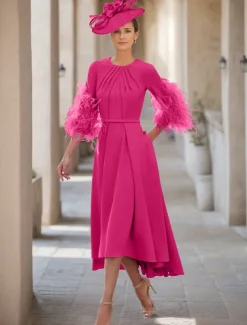 A-Line Mother of the Bride Dress Wedding Guest Elegant Jewel Neck Asymmetrical Stretch Fabric Half Sleeve with Feather free custom size