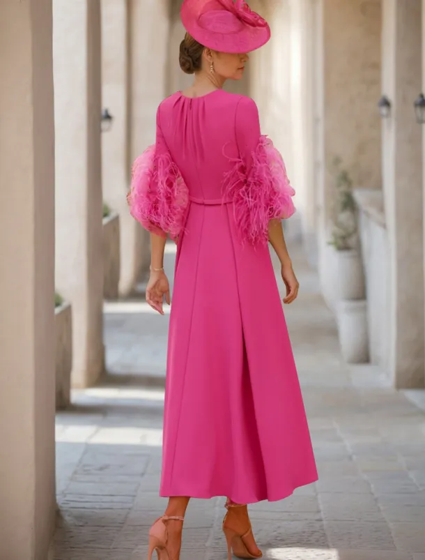 A-Line Mother of the Bride Dress Wedding Guest Elegant Jewel Neck Asymmetrical Stretch Fabric Half Sleeve with Feather free custom size