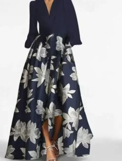 A-Line Mother of the Bride Dress Elegant Vintage V Neck Floor Length Charmeuse Long Sleeve with Sash / Ribbon Race Day Dress Wedding Guest Dress