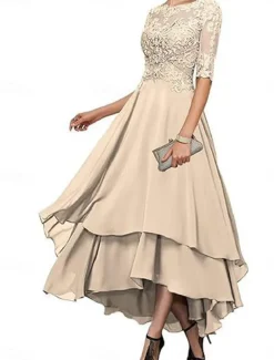 A-Line Mother of the Bride Dress Elegant Simple Boat Neck Asymmetrical Polyester Half Sleeve with Solid Color