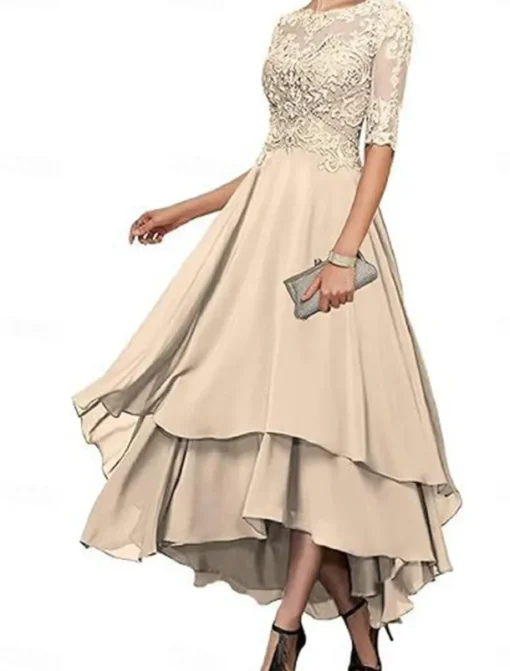 A-Line Mother of the Bride Dress Elegant Simple Boat Neck Asymmetrical Polyester Half Sleeve with Solid Color