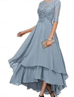 A-Line Mother of the Bride Dress Elegant Simple Boat Neck Asymmetrical Polyester Half Sleeve with Solid Color