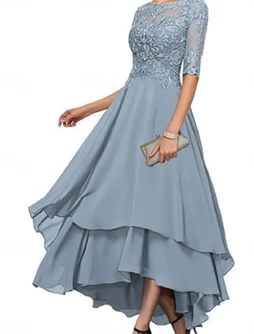 A-Line Mother of the Bride Dress Elegant Simple Boat Neck Asymmetrical Polyester Half Sleeve with Solid Color