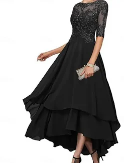 A-Line Mother of the Bride Dress Elegant Simple Boat Neck Asymmetrical Polyester Half Sleeve with Solid Color