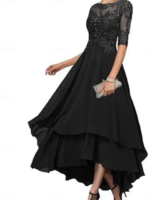 A-Line Mother of the Bride Dress Elegant Simple Boat Neck Asymmetrical Polyester Half Sleeve with Solid Color