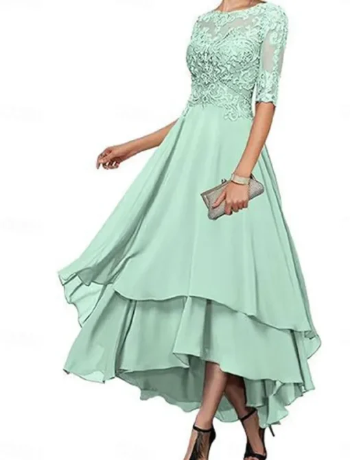 A-Line Mother of the Bride Dress Elegant Simple Boat Neck Asymmetrical Polyester Half Sleeve with Solid Color