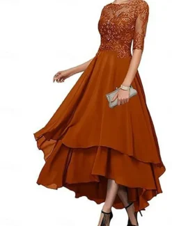 A-Line Mother of the Bride Dress Elegant Simple Boat Neck Asymmetrical Polyester Half Sleeve with Solid Color