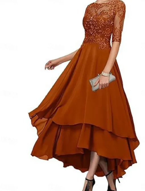 A-Line Mother of the Bride Dress Elegant Simple Boat Neck Asymmetrical Polyester Half Sleeve with Solid Color