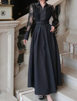 A-Line Mother of the Bride Dress Elegant Shirt Collar Ankle Length Polyester Long Sleeve with Lace Sash / Ribbon