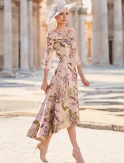 A-Line Mother of the Bride Dress Wedding Guest Elegant Vintage V Neck Ankle Length Satin Short Sleeve with Flower Race Day Dress Wedding Guest Dress free custom size