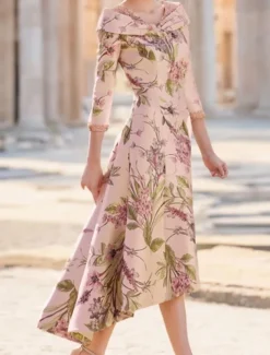 A-Line Mother of the Bride Dress Wedding Guest Elegant Vintage V Neck Ankle Length Satin Short Sleeve with Flower Race Day Dress Wedding Guest Dress free custom size