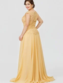 A-Line Mother of the Bride Dress Wedding Guest Elegant Plus Size Illusion Neck Sweep / Brush Train Chiffon Beaded Lace Short Sleeve No with Bow(s) Pleats free custom size