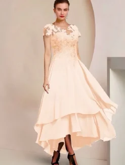 A-Line Mother of the Bride Dress Formal Wedding Guest Elegant High Low Scoop Neck Asymmetrical Tea Length Chiffon Lace Short Sleeve with Sequin Appliques free custom size