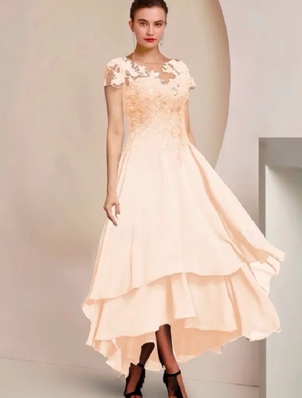 A-Line Mother of the Bride Dress Formal Wedding Guest Elegant High Low Scoop Neck Asymmetrical Tea Length Chiffon Lace Short Sleeve with Sequin Appliques free custom size