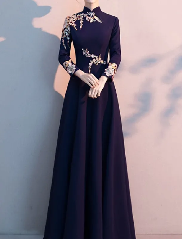 A-Line Mother of the Bride Dress Elegant Simple High Neck Floor Length Stretch Fabric Long Sleeve with Pleats Appliques free custom size