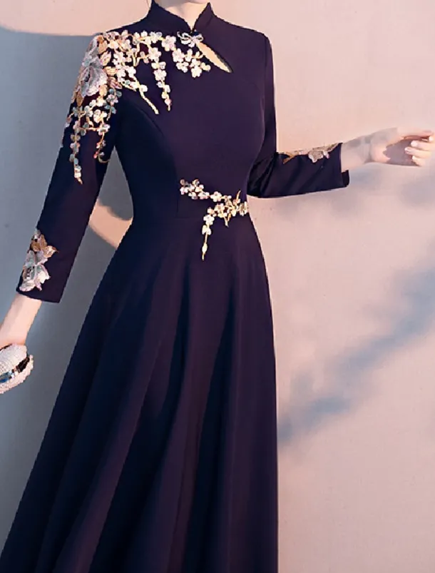 A-Line Mother of the Bride Dress Elegant Simple High Neck Floor Length Stretch Fabric Long Sleeve with Pleats Appliques free custom size