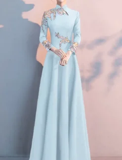 A-Line Mother of the Bride Dress Elegant Simple High Neck Floor Length Stretch Fabric Long Sleeve with Pleats Appliques free custom size