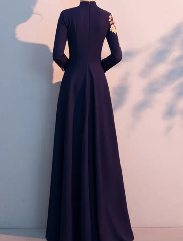 A-Line Mother of the Bride Dress Elegant Simple High Neck Floor Length Stretch Fabric Long Sleeve with Pleats Appliques free custom size