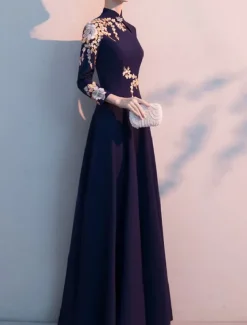 A-Line Mother of the Bride Dress Elegant Simple High Neck Floor Length Stretch Fabric Long Sleeve with Pleats Appliques free custom size