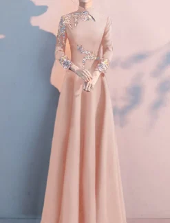 A-Line Mother of the Bride Dress Elegant Simple High Neck Floor Length Stretch Fabric Long Sleeve with Pleats Appliques free custom size