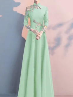 A-Line Mother of the Bride Dress Elegant Simple High Neck Floor Length Stretch Fabric Long Sleeve with Pleats Appliques free custom size