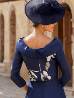 A-Line Mother of the Bride Dress Wedding Guest Elegant Vintage Bateau Neck Ankle Length Chiffon 3/4 Length Sleeve with Flower Solid Color Wedding Guest Dress free custom size