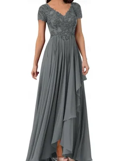 A-Line Mother of the Bride Dress Elegant Simple V Neck Floor Length Chiffon Short Sleeve with Solid Color