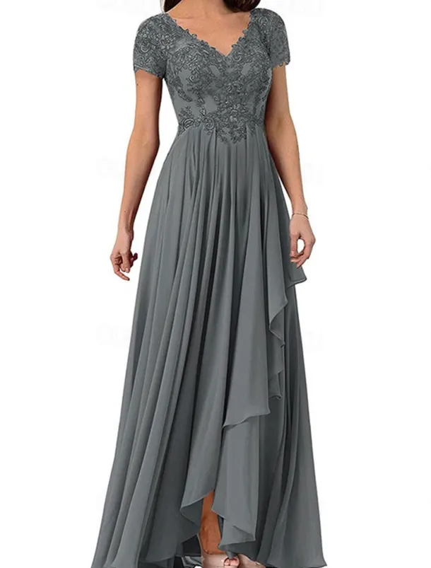 A-Line Mother of the Bride Dress Elegant Simple V Neck Floor Length Chiffon Short Sleeve with Solid Color