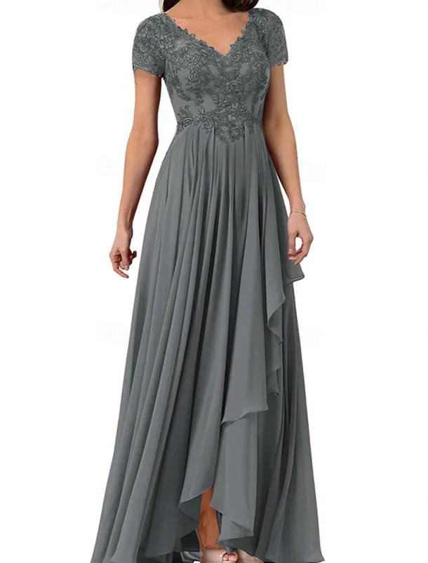 A-Line Mother of the Bride Dress Elegant Simple V Neck Floor Length Chiffon Short Sleeve with Solid Color