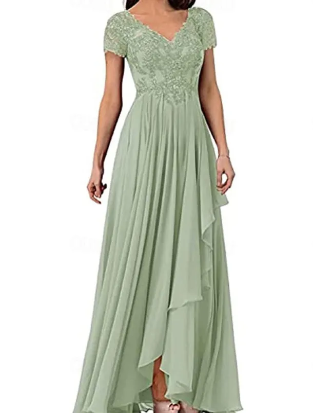 A-Line Mother of the Bride Dress Elegant Simple V Neck Floor Length Chiffon Short Sleeve with Solid Color