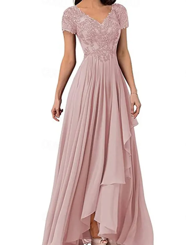 A-Line Mother of the Bride Dress Elegant Simple V Neck Floor Length Chiffon Short Sleeve with Solid Color
