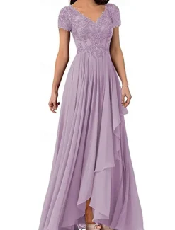 A-Line Mother of the Bride Dress Elegant Simple V Neck Floor Length Chiffon Short Sleeve with Solid Color