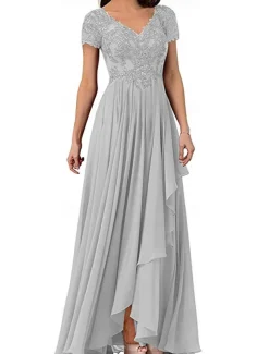 A-Line Mother of the Bride Dress Elegant Simple V Neck Floor Length Chiffon Short Sleeve with Solid Color