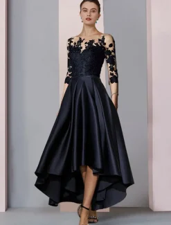 A-Line Mother of the Bride Dress Wedding Guest Elegant High Low Scoop Neck Asymmetrical Tea Length Satin Lace 3/4 Length Sleeve with Pleats Appliques free custom size