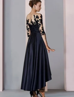A-Line Mother of the Bride Dress Wedding Guest Elegant High Low Scoop Neck Asymmetrical Tea Length Satin Lace 3/4 Length Sleeve with Pleats Appliques free custom size