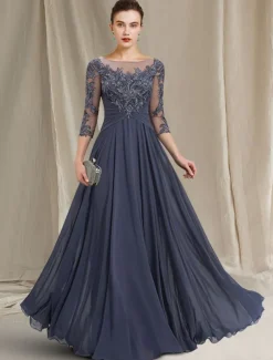 A-Line Mother of the Bride Dress Elegant Jewel Neck Floor Length Chiffon Lace 3/4 Length Sleeve with Pleats Appliques
