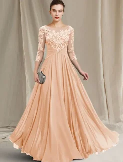 A-Line Mother of the Bride Dress Elegant Jewel Neck Floor Length Chiffon Lace 3/4 Length Sleeve with Pleats Appliques