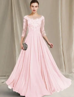 A-Line Mother of the Bride Dress Elegant Jewel Neck Floor Length Chiffon Lace 3/4 Length Sleeve with Pleats Appliques