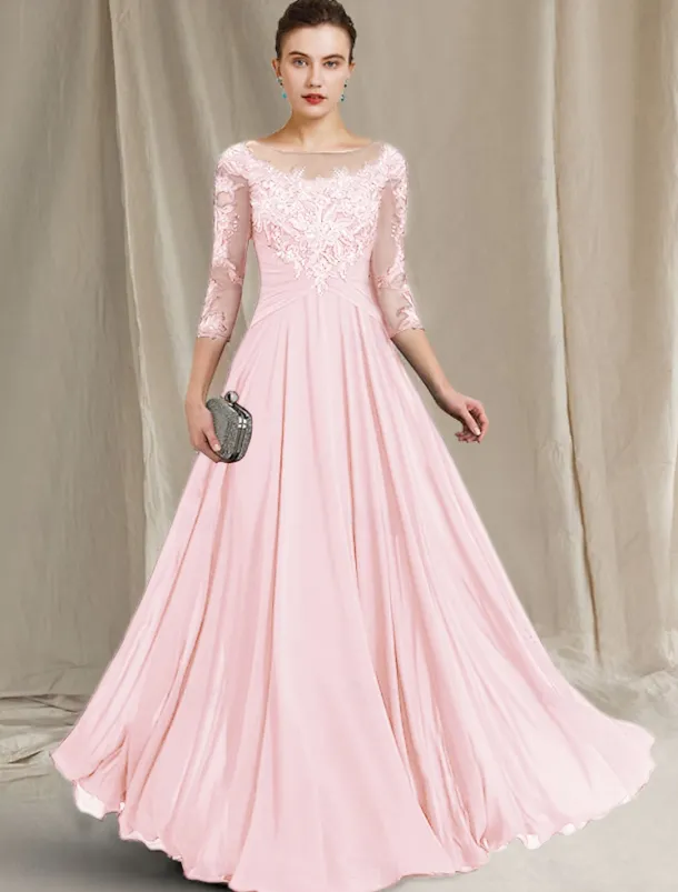 A-Line Mother of the Bride Dress Elegant Jewel Neck Floor Length Chiffon Lace 3/4 Length Sleeve with Pleats Appliques