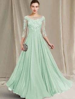 A-Line Mother of the Bride Dress Elegant Jewel Neck Floor Length Chiffon Lace 3/4 Length Sleeve with Pleats Appliques