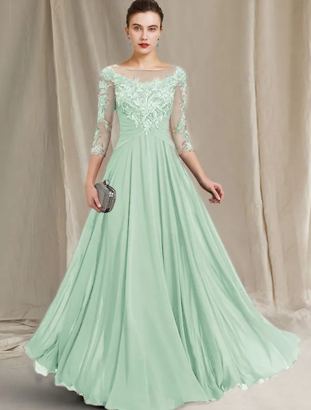 A-Line Mother of the Bride Dress Elegant Jewel Neck Floor Length Chiffon Lace 3/4 Length Sleeve with Pleats Appliques